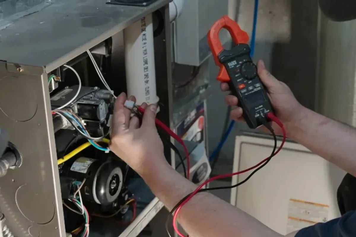 Technician testing a furnace's wiring with a clamp meter